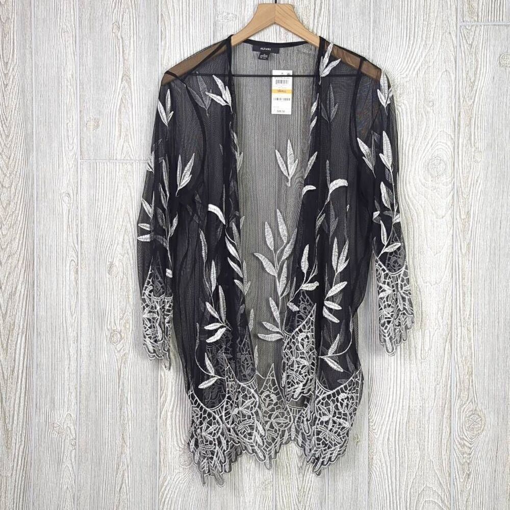 Brand New Alfani Women’s Small Deep Black Mesh Embroidered Cardigan Style Top